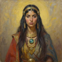 portrait a female shaman goddess warrior, oil on canvas, by jeffrey catherine jones and enki bilal