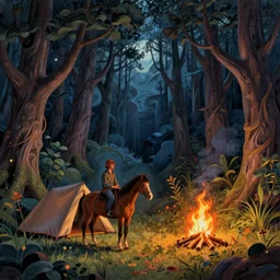 a man and his horse camping by a small fire, in a mystical forest at night, intricate, elegant, volumetric lighting, digital painting, highly detailed, artstation, sharp focus, illustration, concept art, ruan jia, steve mccurry