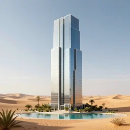 a modern skyscraper made of rectangle tetris, in the desert, oasis, glass and plants, octane render, trending on artstation