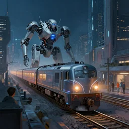 railway running through futuristic robot city. night. robots. cyberpunk. robotic. locomotive. cyber train. naomi okubo. victor enrich. cybernetic. vincent di fate. night sky. beeple. jim burns. trending on artstation. digital painting