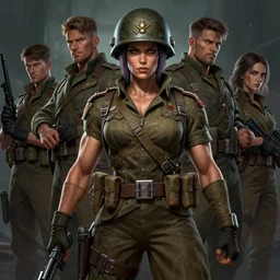 portrait of a muscular female ww ii soldier in team fortress 2 style, epic, tragic, dark fantasy art, fantasy, pretty, hd shot, digital portrait, beautiful, artstation, comic style, by artgerm, guy denning, jakub rozalski, magali villeneuve and charlie bowater