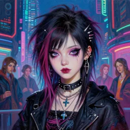 close up portrait of a cute punk goth emo fashion girl in a fluorescent cyberpunk futuristic city, oil painting by canaletto hieronymus bosh leonardo da vinci piero della francesca botticelli