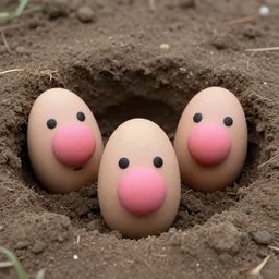 three heads with a pink rounded nose,placed in a hole in the ground