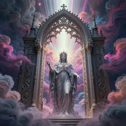 [ palate ] [ nebulous energy ] [ muted neon colors ] intricate giant gothic style portal to purgatory, paisley cloud pattern, god at the gate, award winning composition, vibrant neon nebulous clouds, symmetrical details, hyper realistic illustration, radiant light rays, photorealistic illustration, intricate and fine details, volumetric lighting,