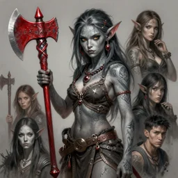 ritually tattooed female goblin with grey skin, holding a red axe, d & d, fantasy, highly detailed, digital painting, trending on artstation, concept art, sharp focus, illustration, global illumination, shaded, art by artgerm and greg rutkowski and fuji choko and viktoria gavrilenko and hoang lap