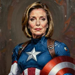 anime nancy pelosi as captain america, intricate oil painting by greg rutkowski, trending on artstation