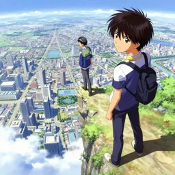 tatsuki fujimoto illustration, two men standing at the edge of reality, dynamic perspective, intricate scenery, y 2 k, unknown