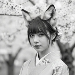 “ a close - up shot of a young woman with fox ears wearing kimono at a sakura tree, by shunji dodo, 8 k resolution, black and white photo, high quality ”