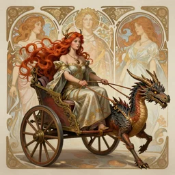 A gorgeous Norse Goddess with long flowing red hair in her chariot being pulled by a dragon, fantasy, intricate, elegant, highly detailed, D&D, digital painting, artstation, concept art, matte painting, sharp focus, illustration, in the style of Greg Rutkowski and Alphonse Mucha and artemisia gentileschi