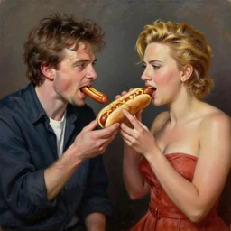 portrait of peter dinklage sharing hotdogs with scarlett johansson, an oil painting by ross tran and thomas kincade w 7 6 8