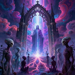 [ palate ] [ electric gothic colors ] alien soul spirits congregating in front of an intricate giant gothic gateway, god figure waiting behind the gate, vibrant neon nebulous clouds, paisley pattern clouds, hyper realistic illustration, radiant synapse light rays, photorealistic illustration, intricate and fine details, volumetric lighting, artstation
