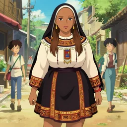 a beautiful plus sized natalie portman model, brown skin, wearing catholic school girl outfit with mayan pattern and native style, jrpg aztec street fashion, gapmoe yandere grimdark, trending on pixiv fanbox, painted by greg rutkowski makoto shinkai takashi takeuchi studio ghibli, akihiko yoshida