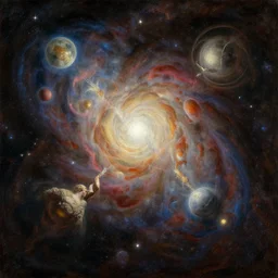 life in the cosmos, detailed baroque oil painting