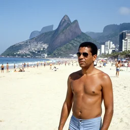 man in copacabana beach, storycal photo 1 9 6 5, city background, copacabana rio de janeiro