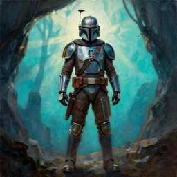 textured full body of mandalorian with backlight , sun rays , big shadows, small bird sihouettes  in cyan background , very textured detailed  panoramic oil painting by beksinski , hard backlight , in dark cave