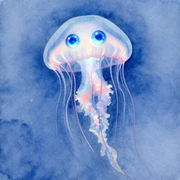 a surreal watercolor painting of jellyfish with electric blue eyes