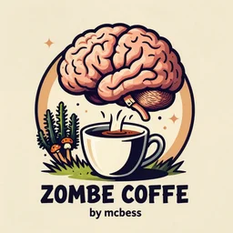 zombie drinking coffee logo, brain mushroom cloud coming from cup, by mcbess, full colour print, vintage colours, 1950s