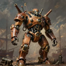 A giant mech suit made out of pirate ship parts, bipedal, humanoid, wooden, canons attached to arms, masts for legs by Mike Deodato
