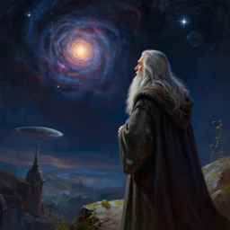 a beautiful painting of gandalf watching a star going supernova in the sky of an alien world, ray traced lighting by jean kalin popov and greg rutkowski