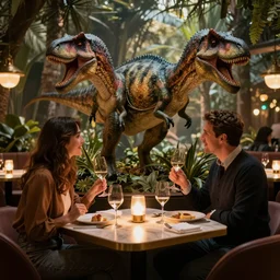dinosaurs dinning at a fancy restaurant