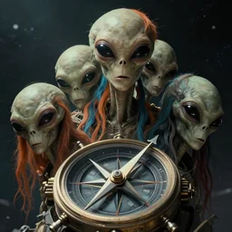 movie still of space compass, a 4 alien heads are the multi headed space station, one head with long orange - blue parted hair by alex ross, enric torres, hyper realism, cinematical, narrative light, muted colors, epic, hyper detailed, awe inspiring, award winning horror, narrative lighting, hyper realism, cinematical