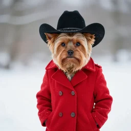 a portrait of a yorkshire wearing a red coat and a black cowboy hat in the snow, Sigma 85mm f/1.4, yorkshire