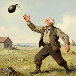 old man, throwing hand grenade, greg rutkowski art