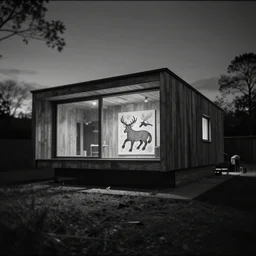 modern house in the wood, artwork by William Blake, night, pinhole analogue photo quality, monochrome, blur, unfocus, cinematic, 35mm