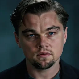 film still of Leonardo DiCaprio as Cobb with dark blue eyes in Inception, 4k