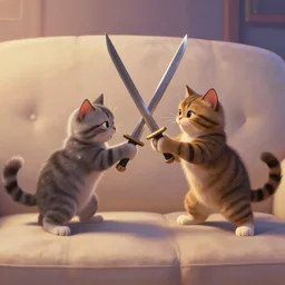 two cats are fighting with swords on a soft sofa. fantastic painting. stylized background, cinematic lighting, maya, pixar, unreal engine, artstation