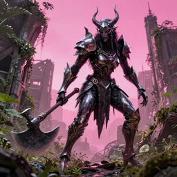 post - gothic giant banshee, exoskeleton armor, attacking with axe, dystopian ruins covered in vegetation, highly detailed smooth digital art masterpiece, vitaly bulgarov giger dramatic pink light, ground angle hd 8 k, sharp focus