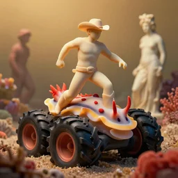 a cowboy turning into blooms by slim aarons, by zhang kechun, by lynda benglis. tropical sea slugs, angular sharp tractor tires. complementary colors. warm soft volumetric dramatic light. national geographic. 8 k, rendered in octane, smooth gradients. sculpture by antonio canova. red accents.