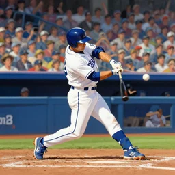 baseball player hitting the ball with the baseball bat in the middle of the game and in front of everyone in the stadium, james gurney painting style, greg rutkowski, artstation