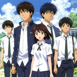 boy's love anime high school noon scene, high detail concept art, perfect proportions fine face, tall handsome guys, romantic undertones, avant designer uniform, vivid colors, realistic shaded lighting poster fantasy art kazue kato, katsuhiro, jeremy lipking and michael germash, makoto shinkai, loish and clamp style, best selling artist