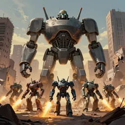 squad of giant robots ready to fire in environment of a ruined city, wes anderson illustration