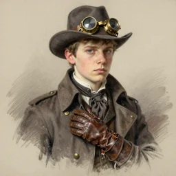 by Jean-Baptiste Monge !!!!!!!!!!!!!!!!!!!!!!!!!!!!!!!!!!!!! (((((((((((((portrait of boy dressed as steampunk detective wearing leather gloves . muted colors. art sketch)))))))))))))