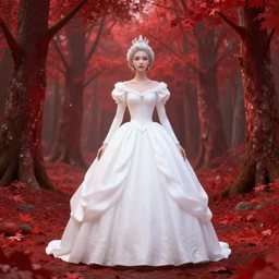 extremely detailed picture of a princess wearing all white in a red forest, octane render, aesthetic
