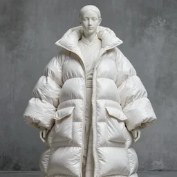 well lit fashion shoot portrait of extremely beautiful female monk marble statue wearing huge over size puffer jacket robe, the robe is made of quilted nylon winter jackets, the robe is white and soft with many pockets, baggy, oversized, flowing, yeezy, balenciaga, vetements, a cold wall, sharp focus, clear, detailed,, cinematic, detailed, off white, glamourous, symmetrical, vogue, editorial, fashion, magazine shoot, glossy