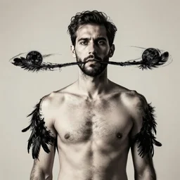 a perfect photograph portrait man whose outline has been marked with thick black crude oil. his arms are feathered and his mouth has been extruded and stretched to the width of the solar system.