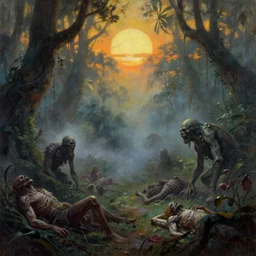 frazetta painting of mystic foggy cinematic jungle panorama with corpses of monsters on the ground, sunset ,backlight , detailed visible brushmarks