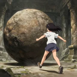 “an anime girl running away from a fast rolling boulder inside an ancient temple, stone background”