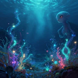an underwater alien ocean, filled with bioluminescence, twirling glowing sea plants, neon colors, and a mystical misty glow, ethereal, detailed, fantasy illustration