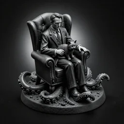 isometric view black resin miniature - howard phillips lovecraft petting cat on his lap, formal suit, tall leather armchair, big tentacle with suction cups as round base minature, black background, octane render, backlight, macroshot, grayscale by greg rutkowski, highly detailed intricate matte sharp focus digital painting artstation pixiv