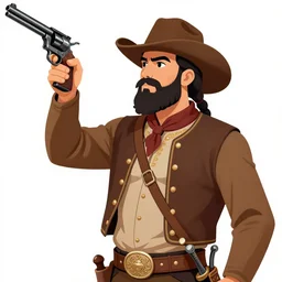 bearded cowboy raising revolver in right hand above head, persian folkore illustration