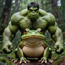 macro medium shot, rugged anthropomorphic muscular!!!!!!!!! oversized!!!!!!!! hulked!!!! frog as oversized green hulk barbarian hunter in deep forest, kodachrome film still