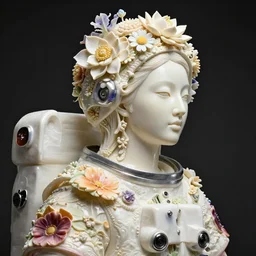 beautiful asian woman with a smooth carved porcelain ivory profile face, in astronaut suit, futuristic haute couture draped in flowers and mushroom, iris van herpin, headdress with daisies and lotus, hyper detailed, ultra sharp, 8 k