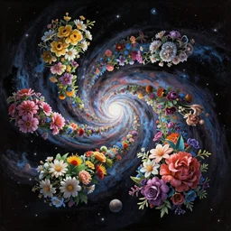 An epic fantastic realism comic book style painting of the most beautiful spiraling flowers launched across the dark and starry Universe, floating bouquets, fisheye lens, unreal 5, DAZ, hyperrealistic, octane render, dynamic lighting