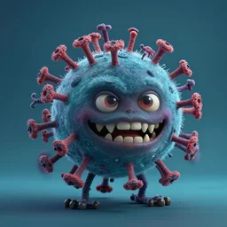 a full studio shot of a deadly virus as a pixar character against a dark cyan backdrop. it is sinister yet friendly. hair, fur, fleshy, cute.