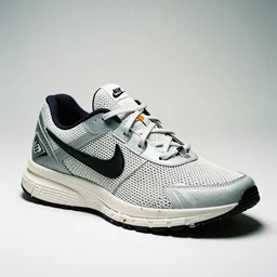 a studio photoshoot of A technical Nike running sneaker designed by Virgil Abloh, mesh fabrics, Off-White, realistic, color film photography by Tlyer Mitchell, 35 mm, graflex