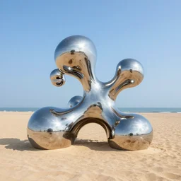 chrome blob sculpture on sandy beach, kinetic art, biomorphic, made of liquid metal, polycount, physically based rendering, ultrawide